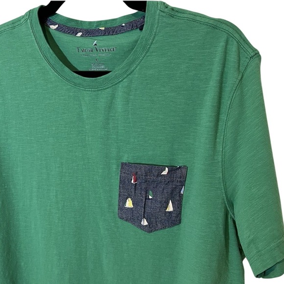 Taylor Vintage Mens Sailboat Pocket Kelly Green Tee Contrasting Pocket Large EUC - Picture 1 of 16